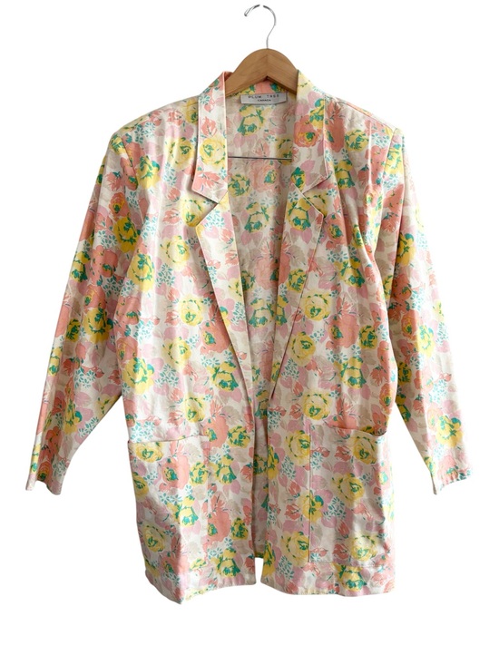 Vintage Jackets & Blazers - Vintage 100% Cotton Pastel Floral Open Boxy Blazer